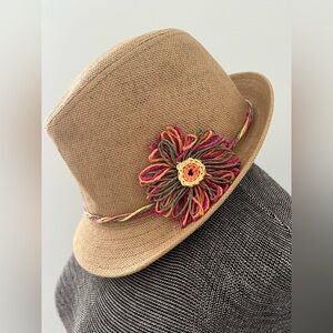 Scala Tan Fedora with Multicolor Flower Accent